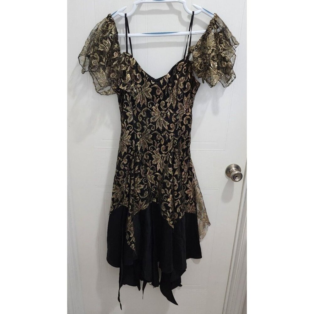 Vintage 80s Nuance Black/Gold Tulle Dress Choppy Hem Stevie Nicks Fairy Witchy 8